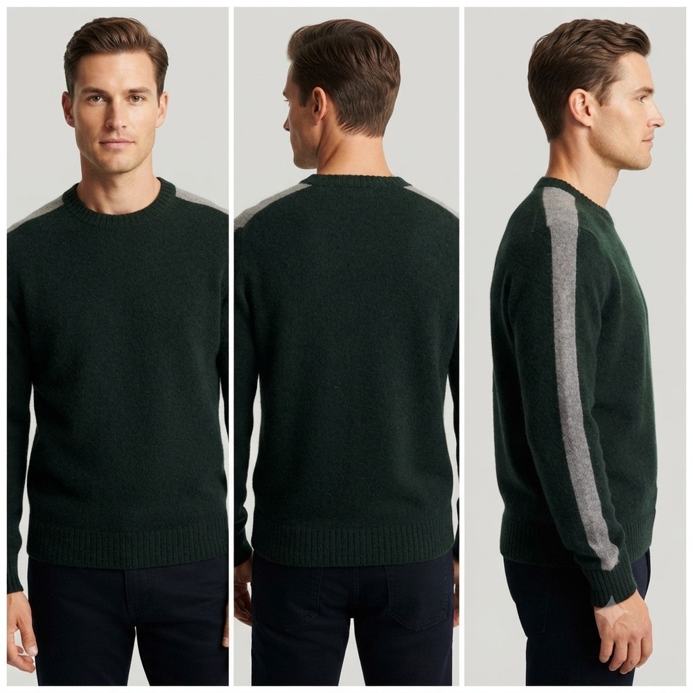 Vintage J.Crew Wool Sweater Mens M Dark Green Side Stripe Crew Neck Pullover